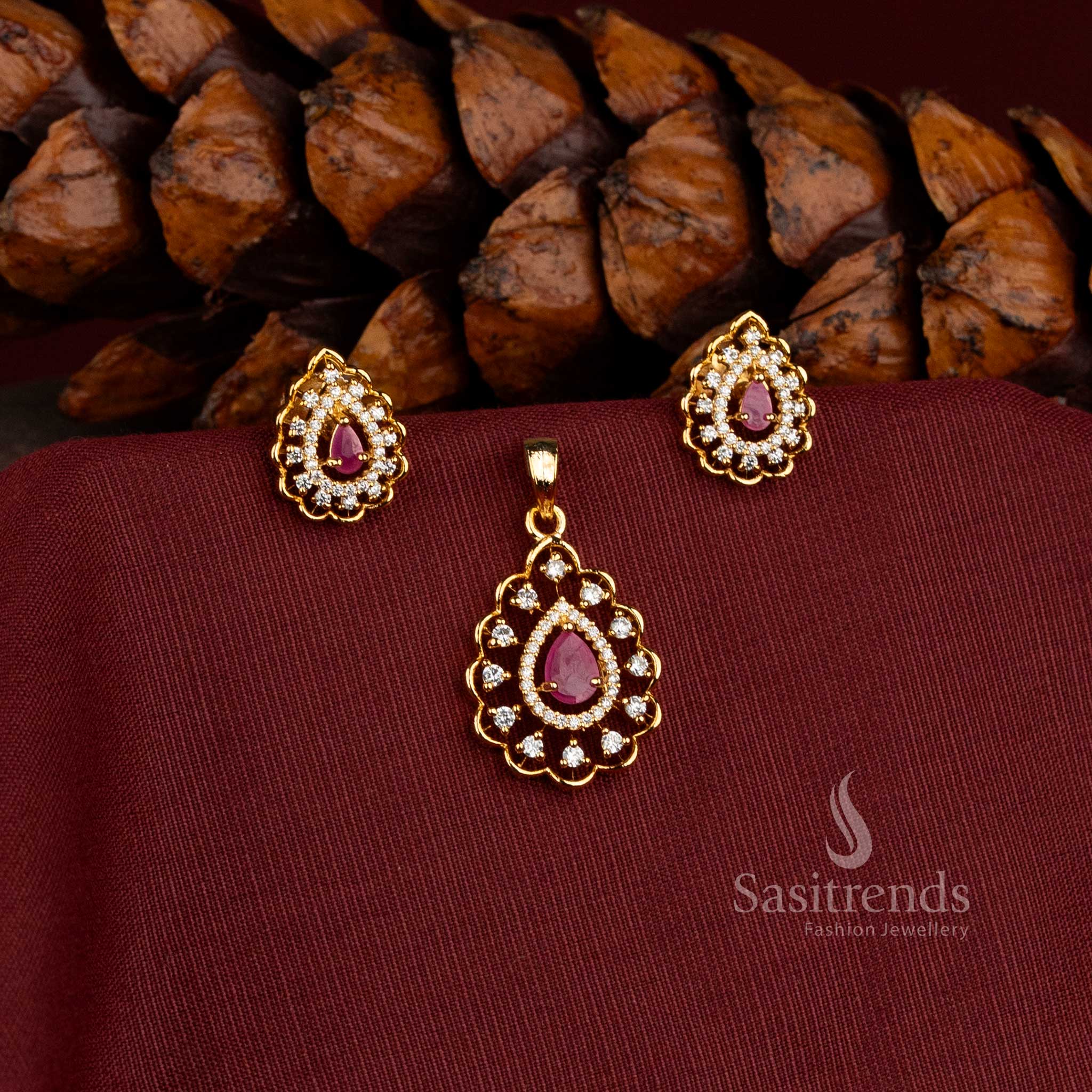 Sasitrends Micro Gold Plated American Diamond teardrop pendant set with floral halo stone design for festive and special occasion wear