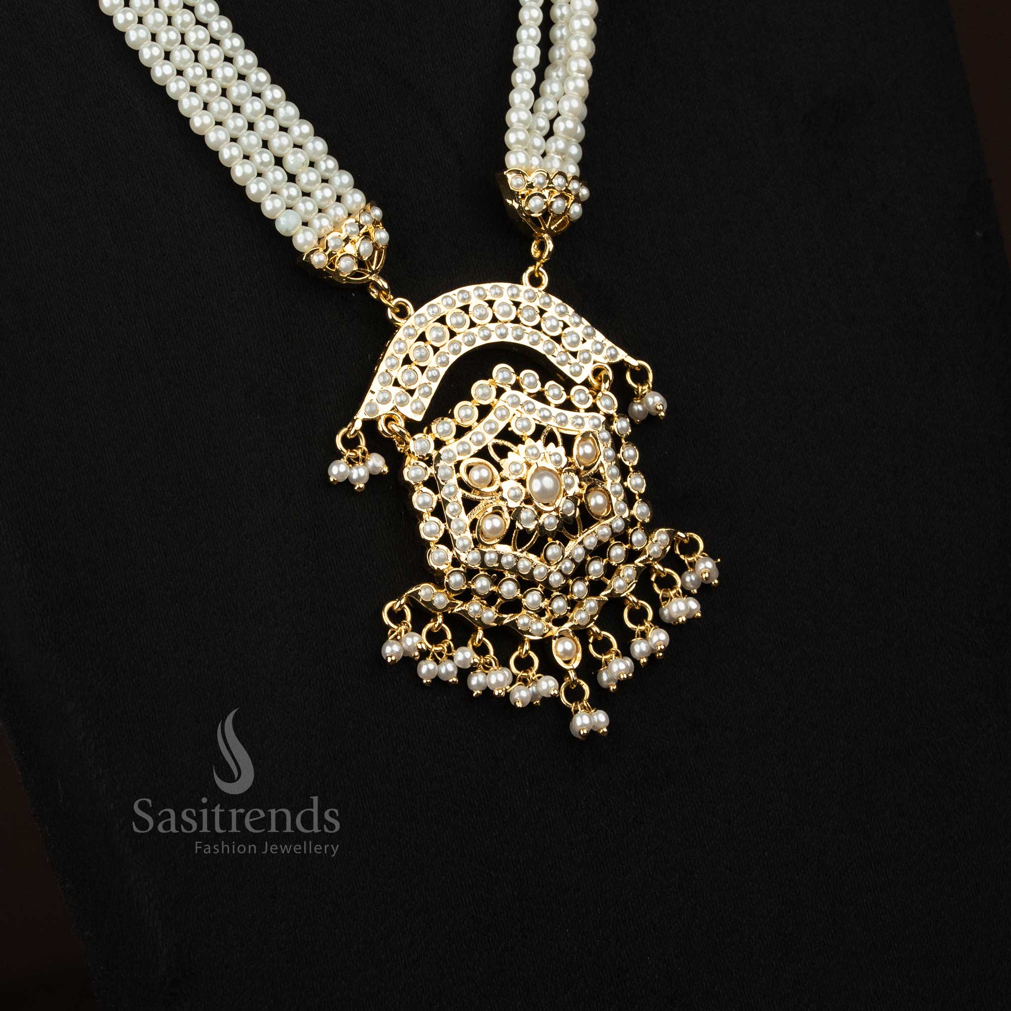 24K micro gold plated four layer pearl hexagonal haram set with oval centre pendant and pearl hangings, matching earrings, real gold look wedding and festive jewellery by Sasitrends