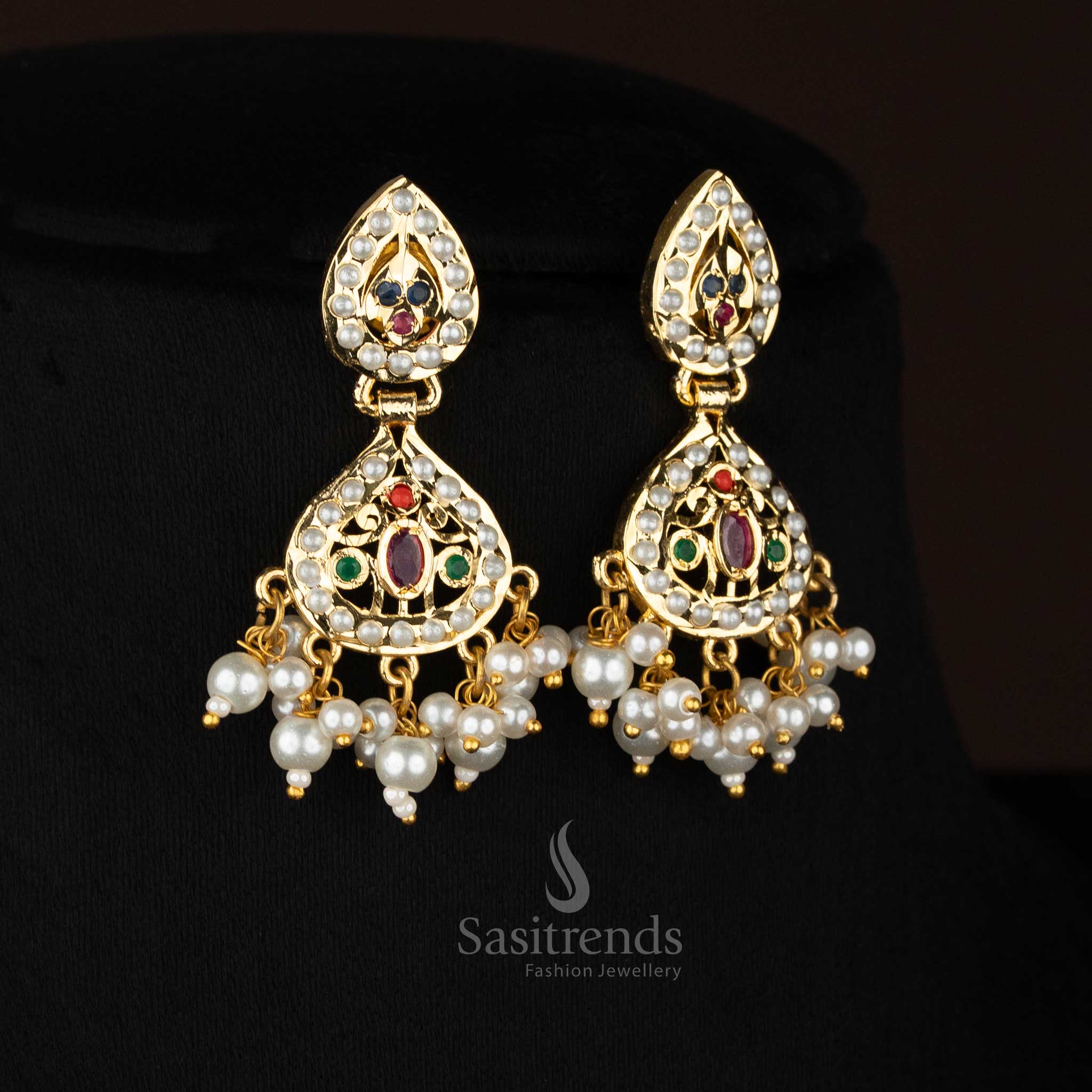 24K micro gold plated four layer pearl haram set with American Diamond oval centre pendant and pearl hangings, matching earrings, real gold look wedding and festive jewellery by Sasitrends