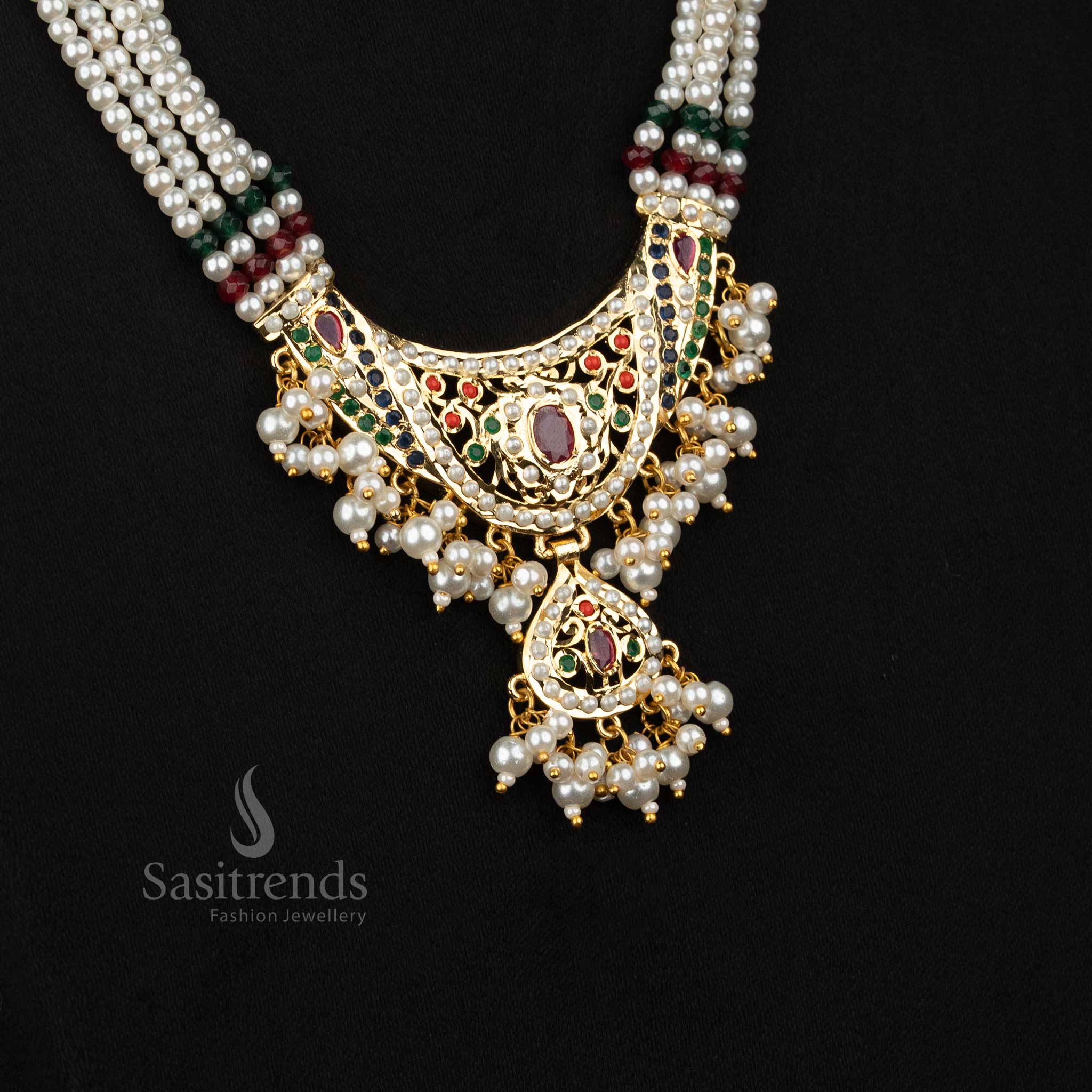24K micro gold plated navarathna four layer pearl haram set with American Diamond oval centre pendant and pearl hangings, matching earrings, real gold look wedding and festive jewellery by Sasitrends