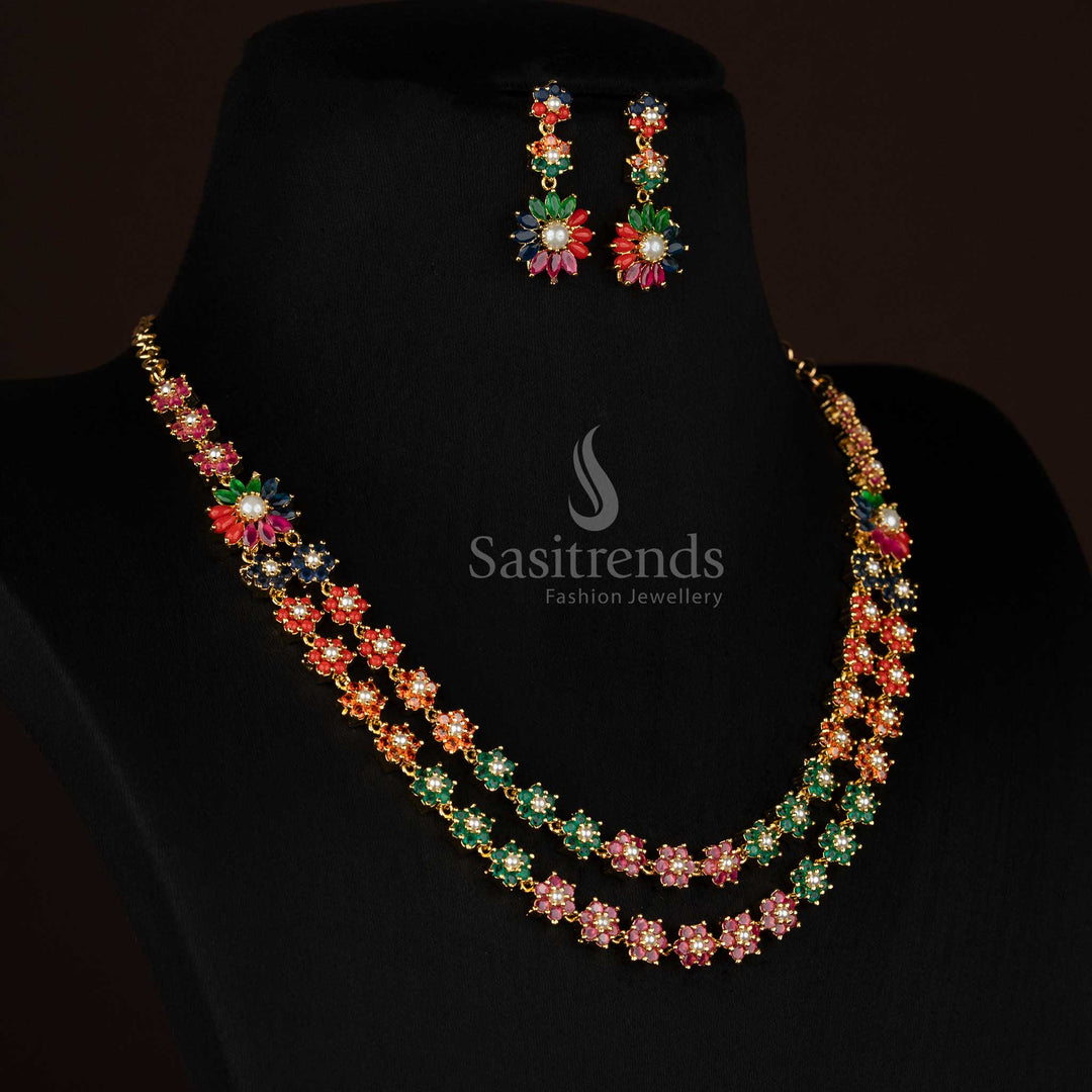 Sasitrends 24k micro gold plated American Diamond and pearl double layer floral necklace set for festive and party wear