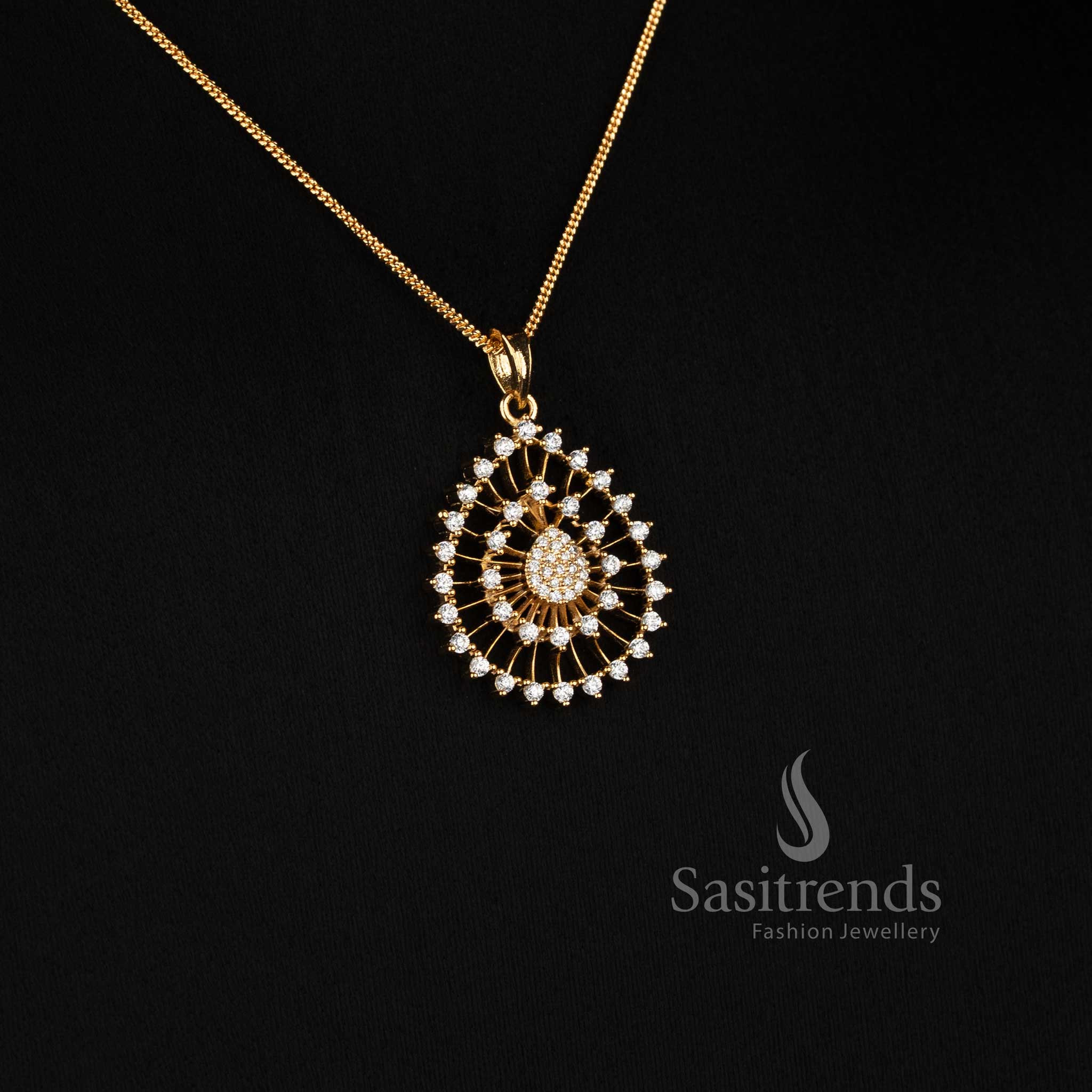Sasitrends Micro Gold Plated pendant chain necklace featuring an elegant teardrop-inspired American Diamond pendant with coordinated matching earrings for celebrations