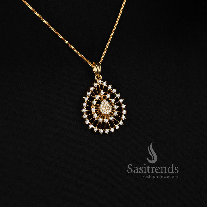 Sasitrends Micro Gold Plated pendant chain necklace featuring an elegant teardrop-inspired American Diamond pendant with coordinated matching earrings for celebrations