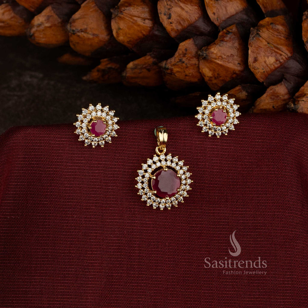 Sasitrends Micro Gold Plated American Diamond round pendant set with prominent centre stone intricate floral halo design and matching earrings