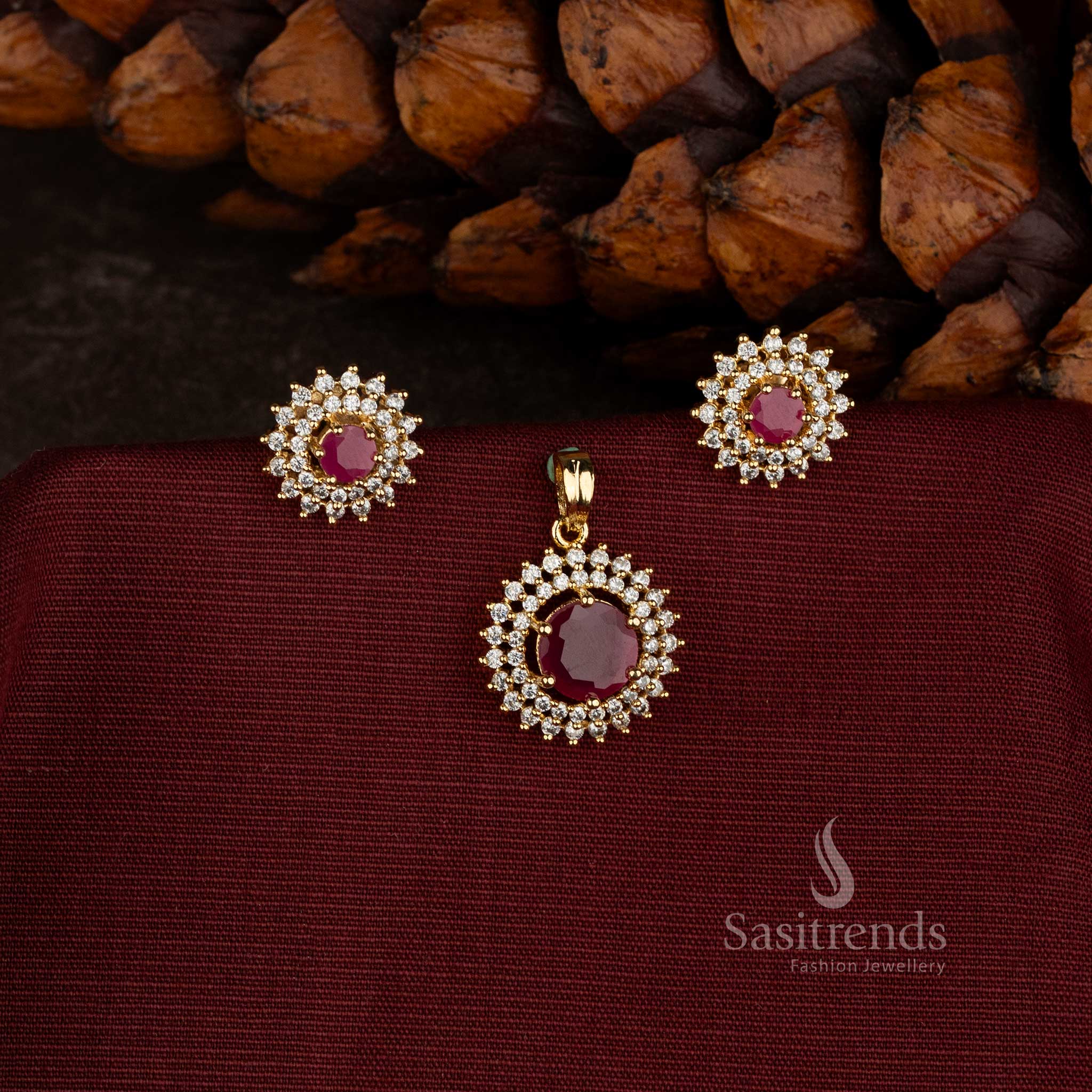 Sasitrends Micro Gold Plated American Diamond round pendant set with prominent centre stone intricate floral halo design and matching earrings