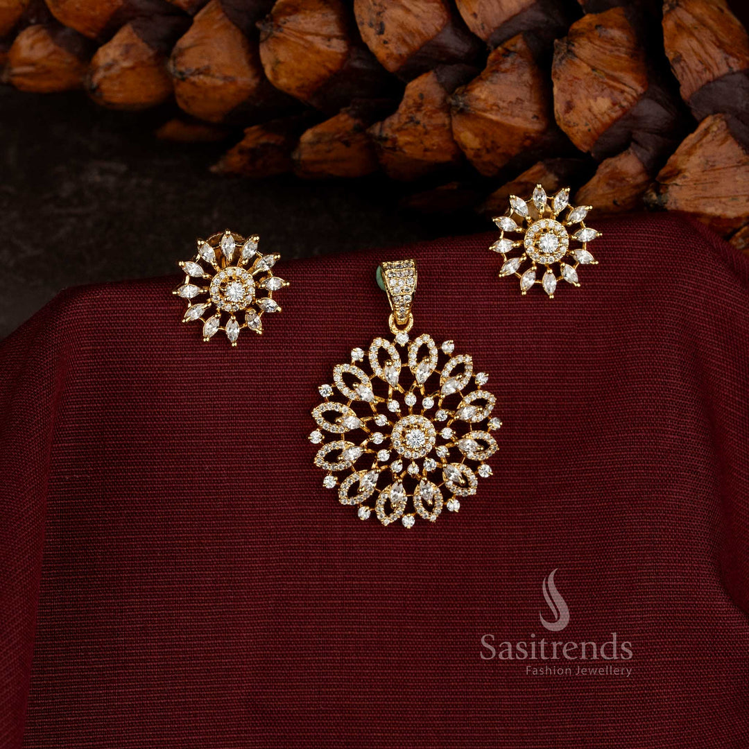 Sasitrends Micro Gold Plated American Diamond round floral pendant set with radiating marquise stone petals and matching sunburst stud earrings