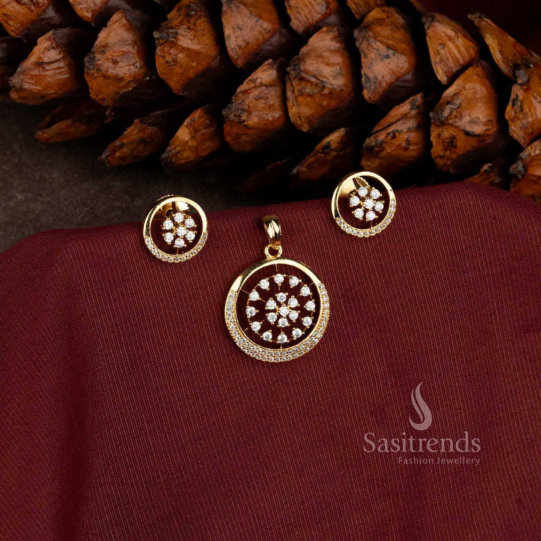 Sasitrends Micro Gold Plated American Diamond circular pendant set with intricate inner cluster design and sparkling border for festive occasion wear 