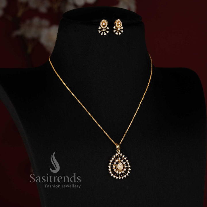 Sasitrends Micro Gold Plated American Diamond teardrop pendant chain necklace set with matching earrings and intricate openwork detailing for festive and party wear