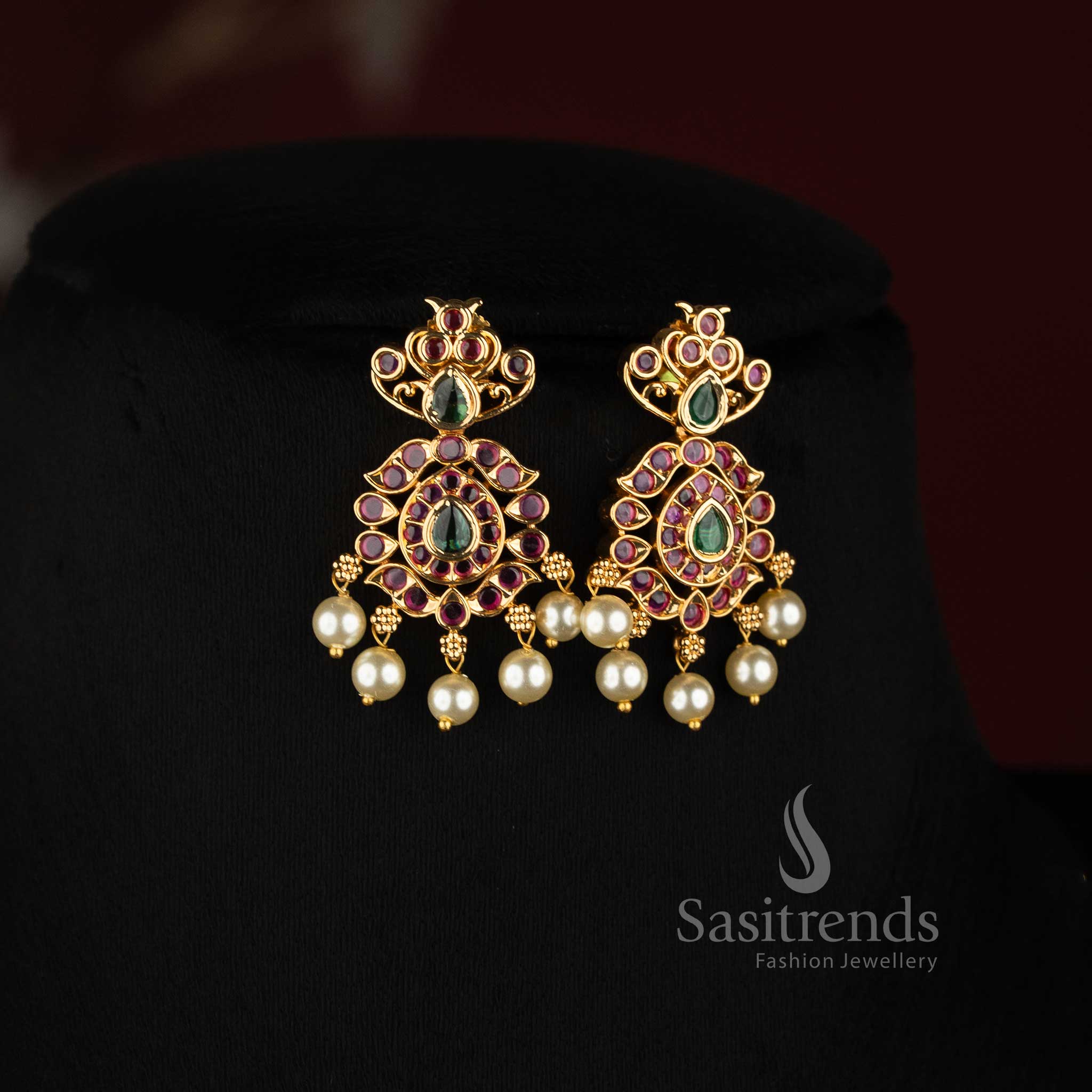 Sasitrends micro gold plated double row AD stone necklace set with pearl drop detailing for traditional wedding wear