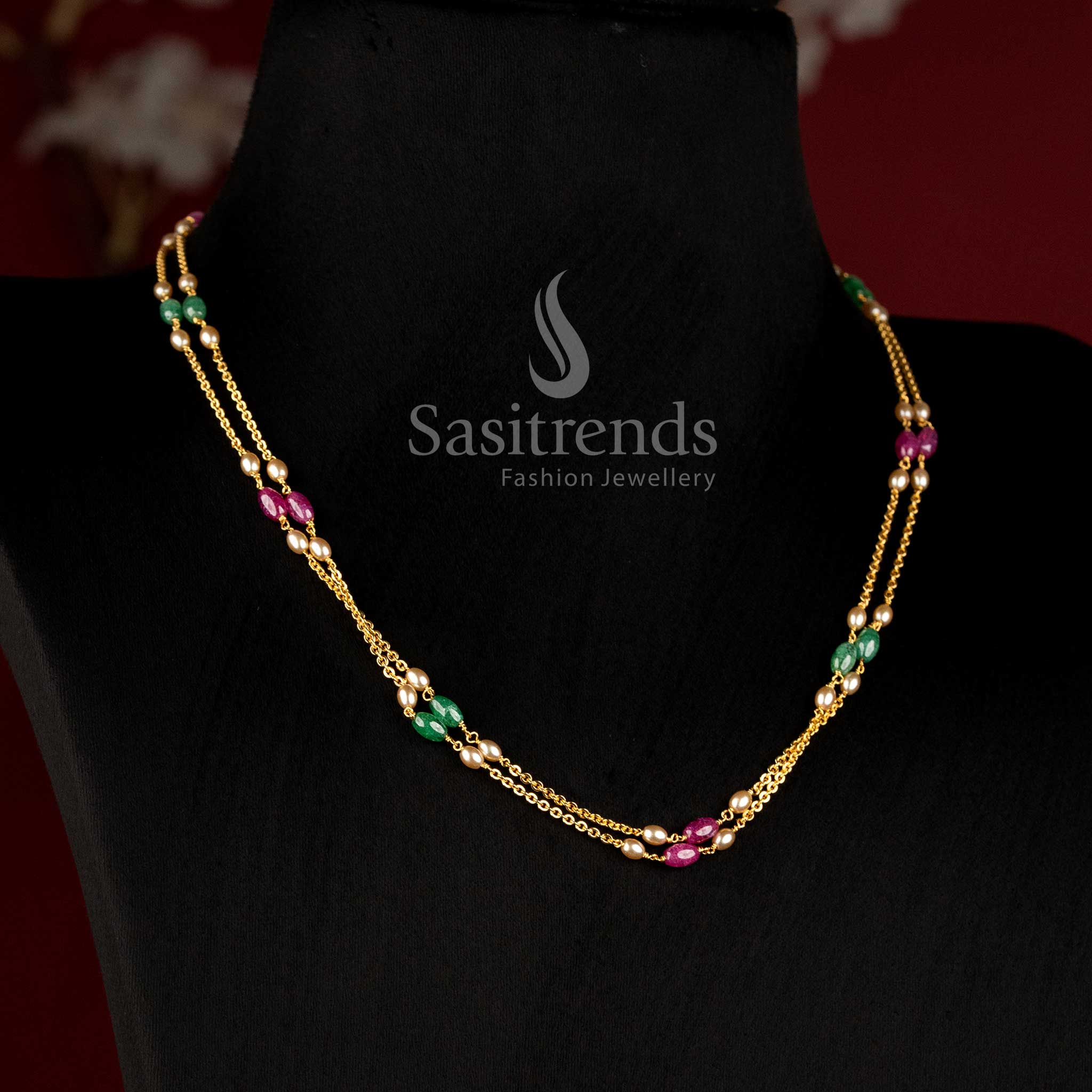 Sasitrends Micro Gold Plated double-strand necklace with floral stone motifs and pearl accents for party wear 