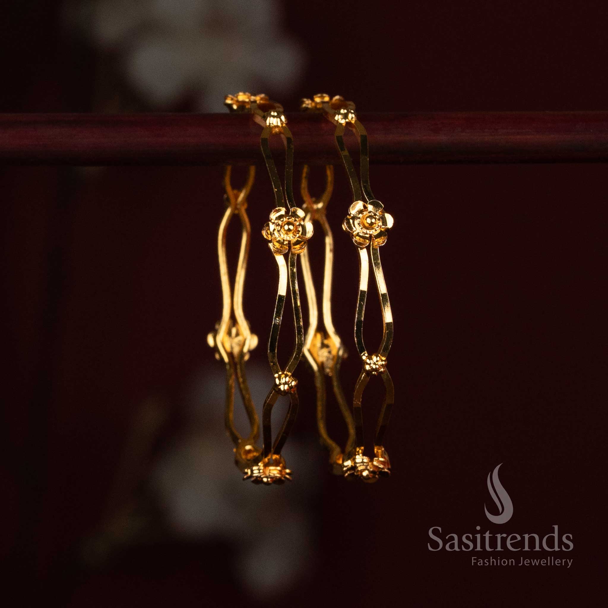 
Sasitrends Micro Gold Plated elegant floral link designer bangle featuring a curved framework and decorative floral motif
