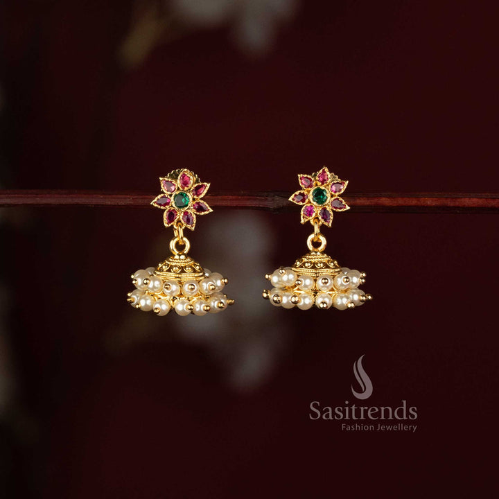 Sasitrends floral jhumka earrings featuring American Diamond stone detailing, pearl fringe and Micro Gold Plated finish for wedding occasions 