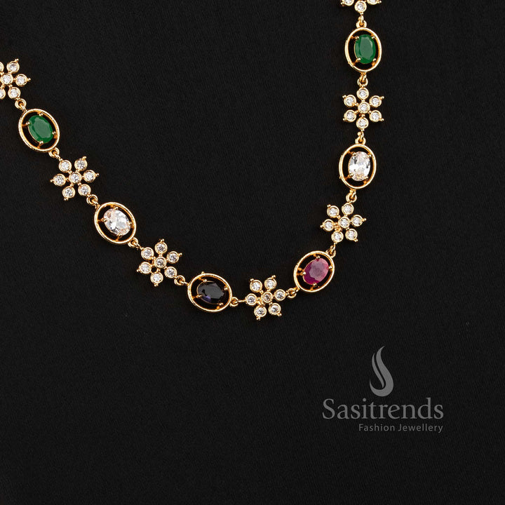 Sasitrends Impon Addigai 24K pure gold plated necklace with repeated floral AD stone clusters and elegant framed stone motifs 