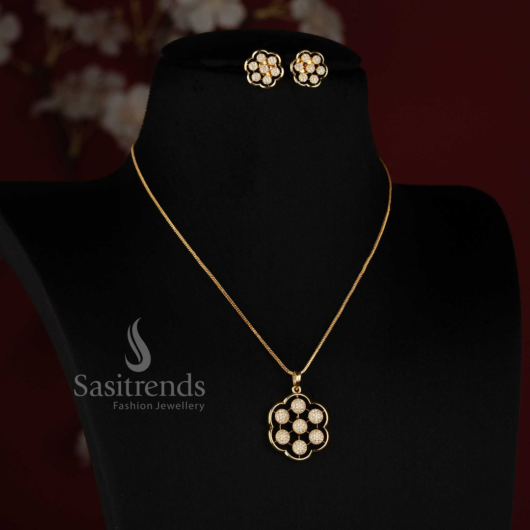 Sasitrends Micro Gold Plated floral cluster AD stone round pendant set with matching stud earrings for elegant office and festive wear