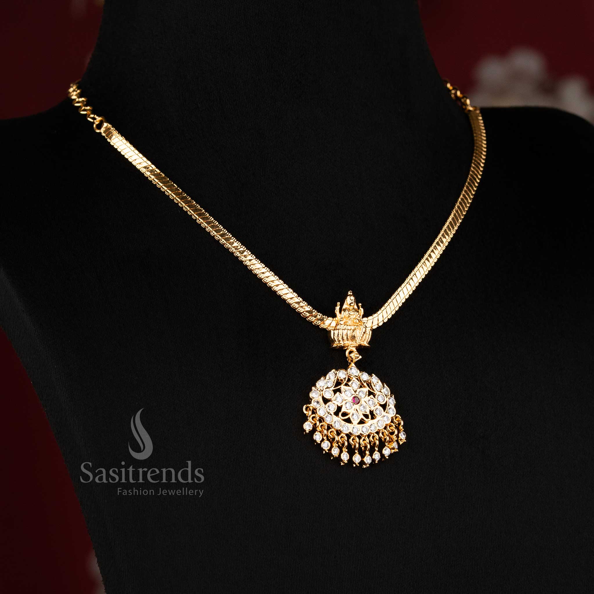 Sasitrends micro gold plated floral pendant nan pathakam addigai necklace featuring Lakshmi motif centerpiece crafted with traditional temple style design for cultural and festive wear