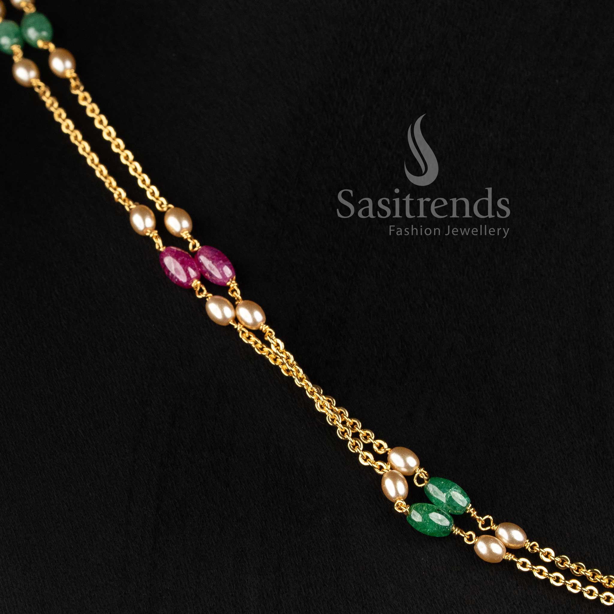 Sasitrends Micro Gold Plated occasion wear necklace with structured double chain design, colourful stone motifs and pearl details 