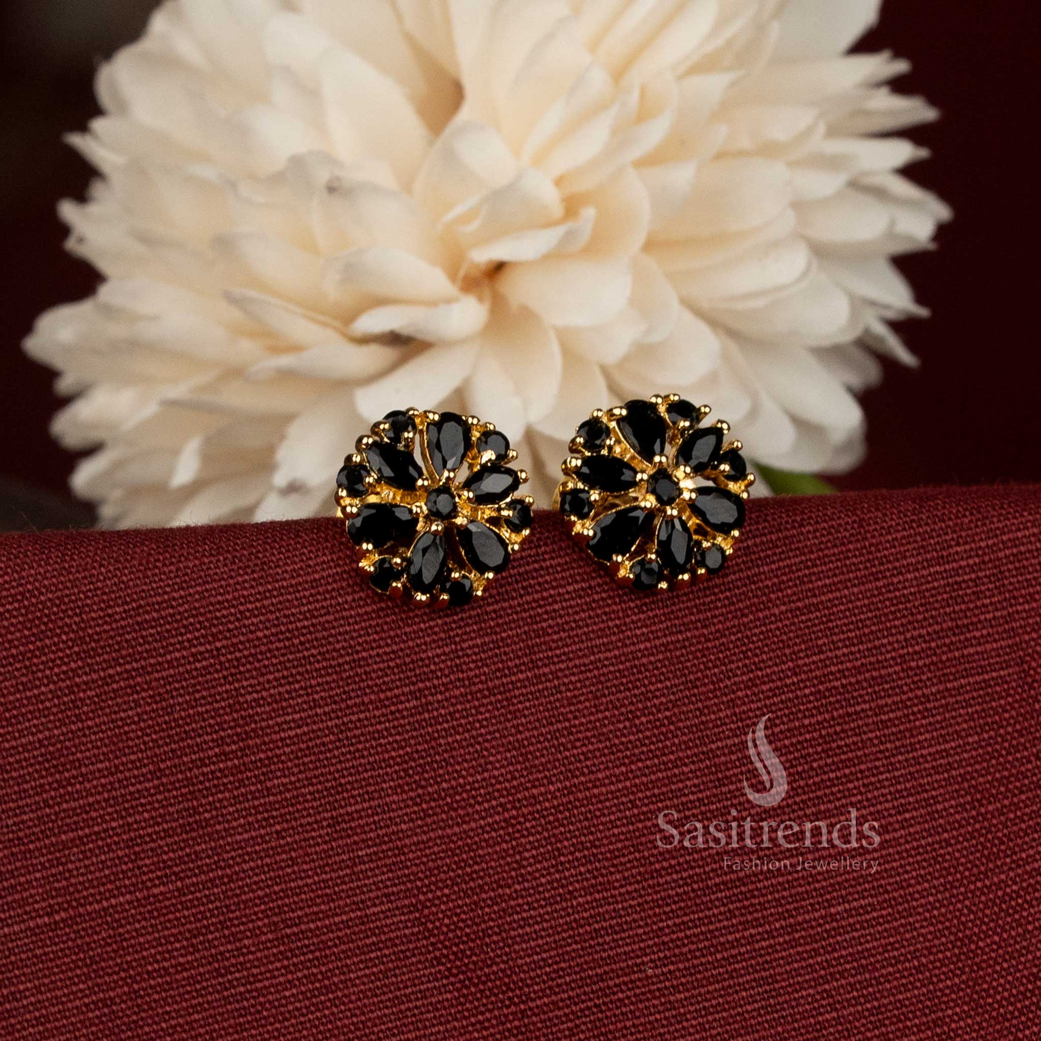 Round Floral Cluster Micro Gold Plated Stud Earrings Featuring Sparkling American Diamond Stones - Sasitrends
