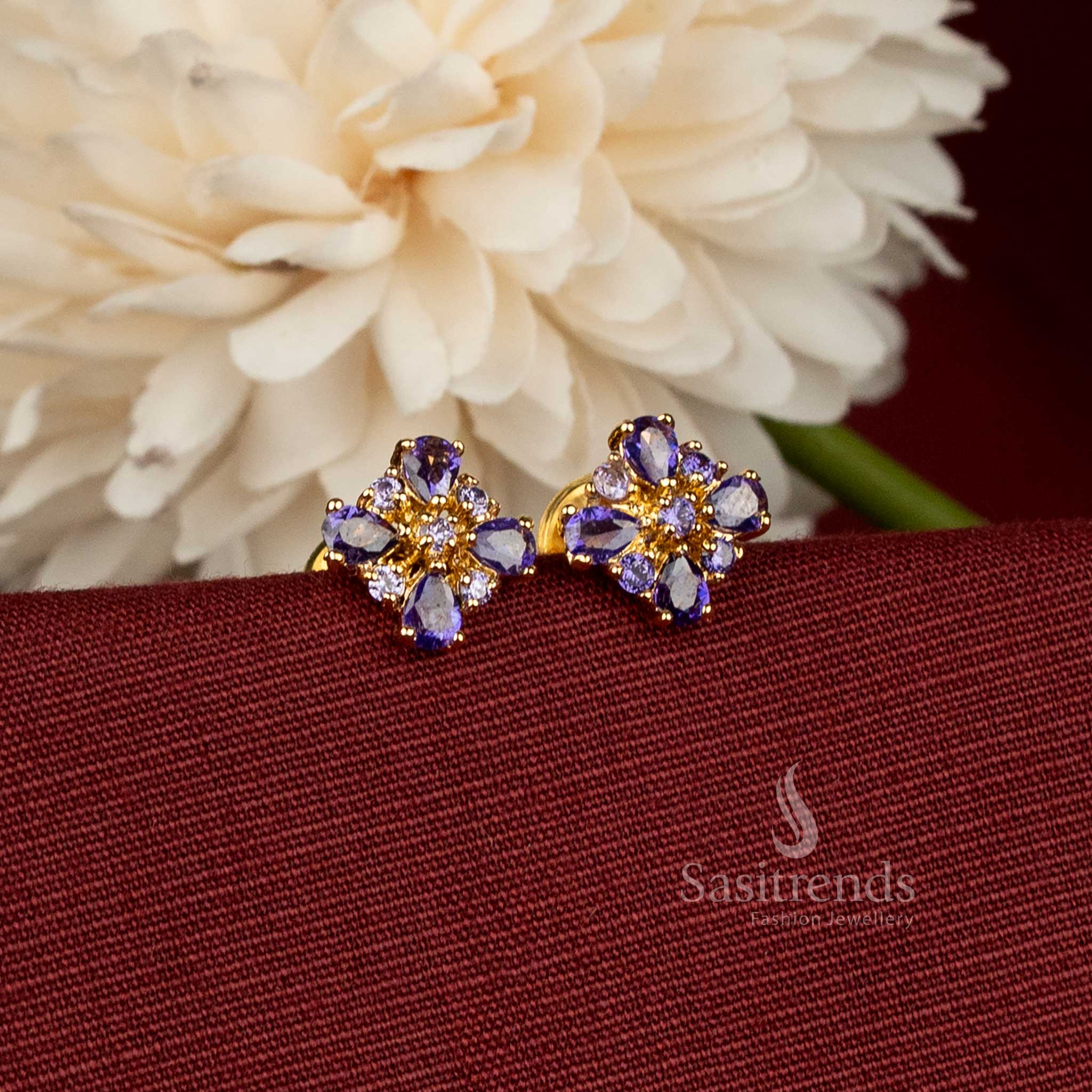 Sasitrends Micro Gold Plated Four-Petal Floral Stud Earrings with Teardrop American Diamond Stones