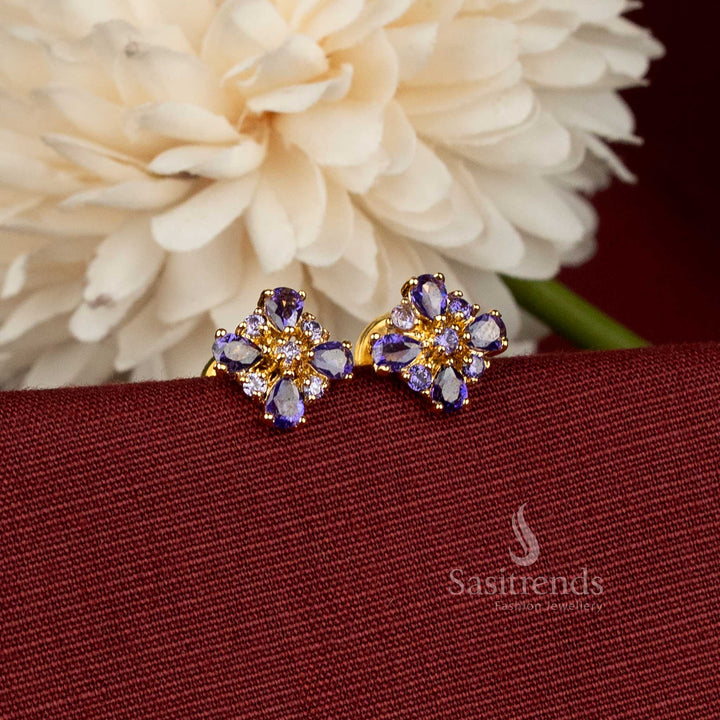 Sasitrends Micro Gold Plated Four-Petal Floral Stud Earrings with Teardrop American Diamond Stones