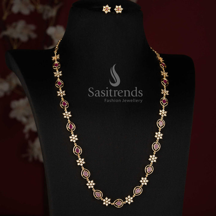 Sasitrends fashionable Impon Addigai jewellery set with a graceful short and long necklace structure and matching floral AD stone earrings 