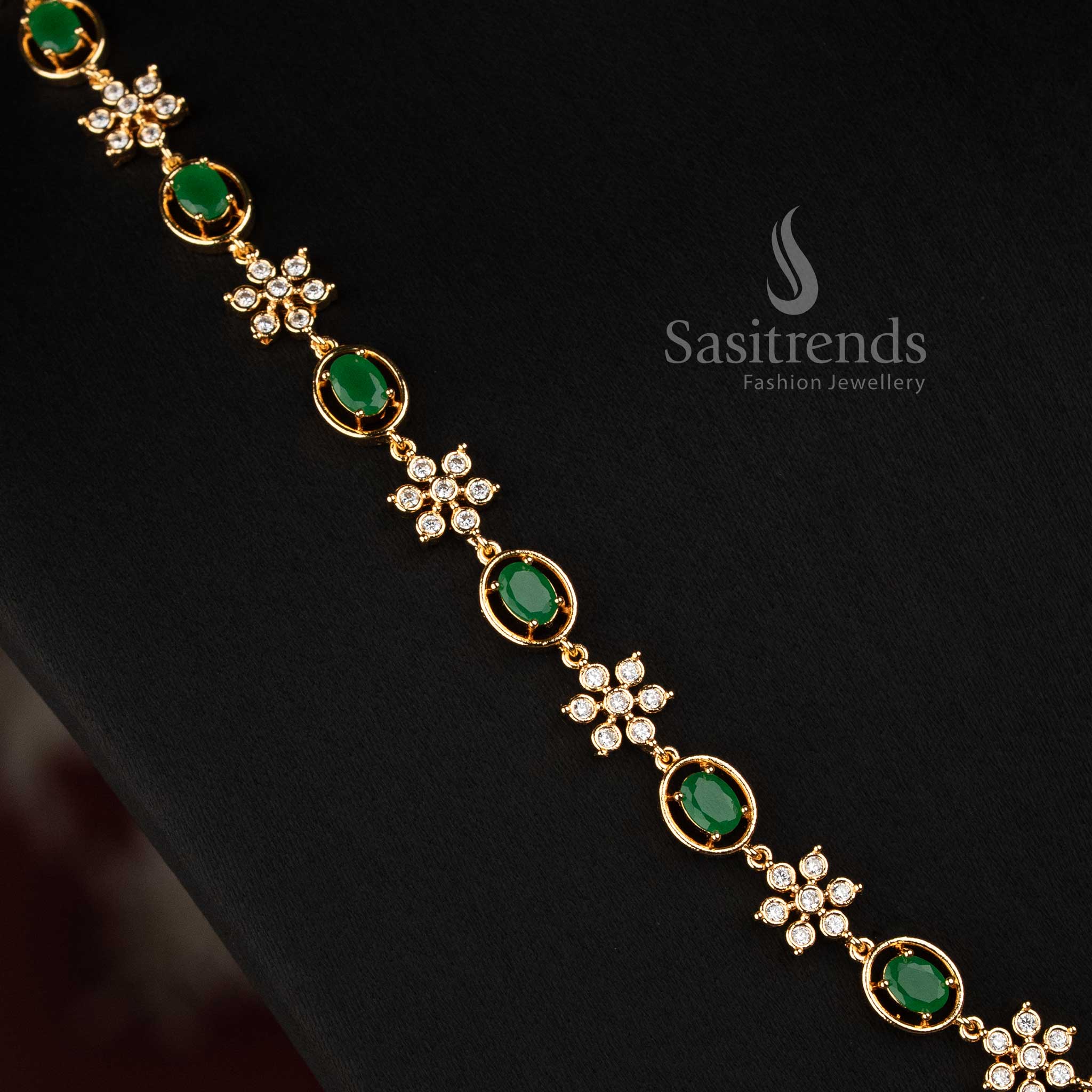 Sasitrends Impon Addigai AD stone necklace featuring alternating floral clusters and framed stone elements arranged along the neckline 