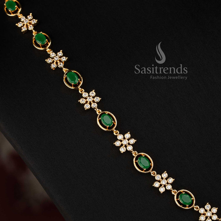 Sasitrends Impon Addigai AD stone necklace featuring alternating floral clusters and framed stone elements arranged along the neckline 