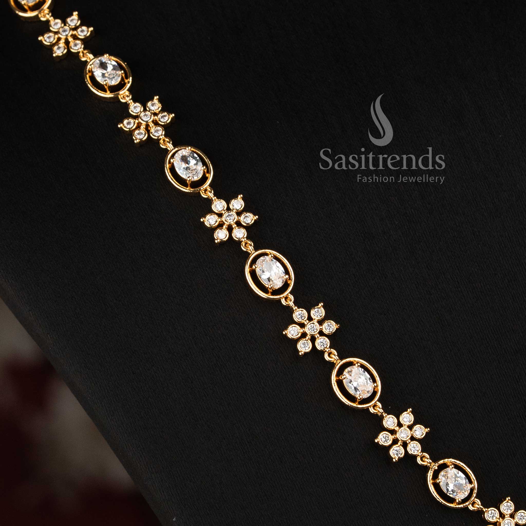 Sasitrends micro gold plated Impon Addigai jewellery set featuring repeated floral stone clusters connected with rounded and oval settings 