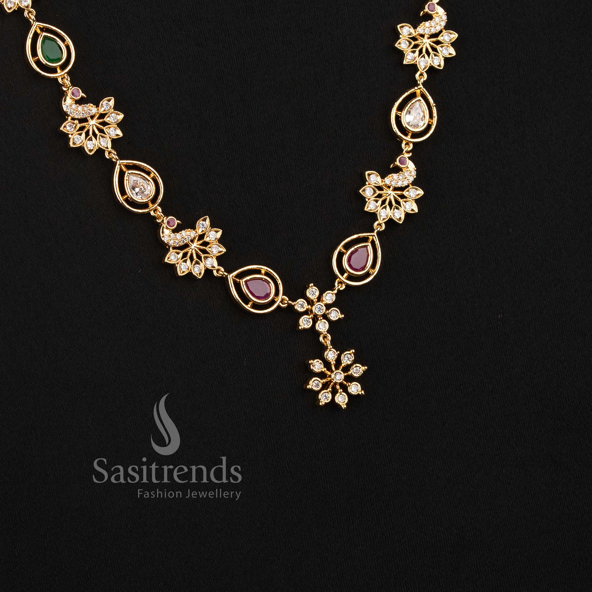 Sasitrends guaranteed micro gold plated jewellery set with 24K pure gold plating, floral AD stone motifs and distinctive peacock-inspired details 