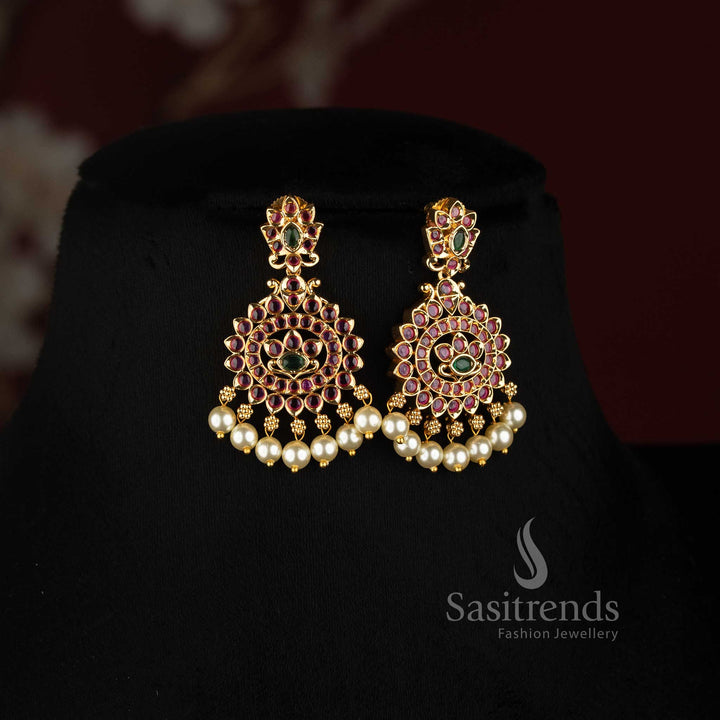 Sasitrends micro gold plated leaf link AD stone necklace jewellery set with elegant pearl drops for traditional bridal wear