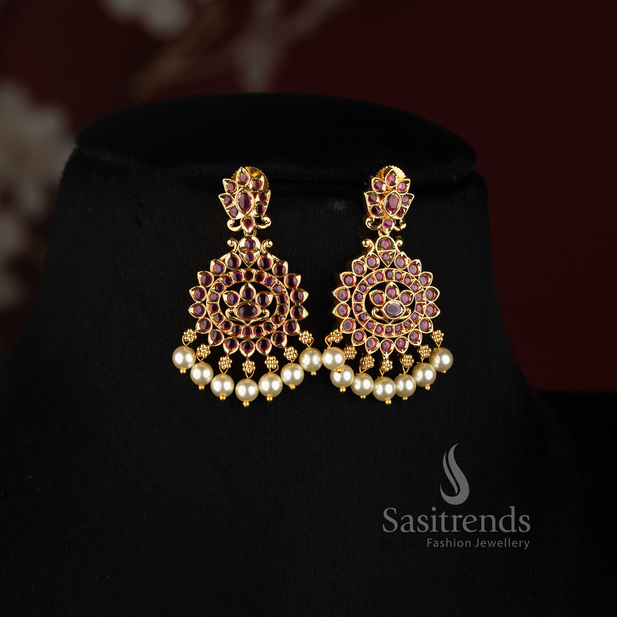 Sasitrends micro gold plated leaf link necklace set with AD stone design and pearl drops