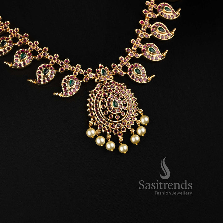 Sasitrends micro gold plated mango paisley AD stone necklace jewellery set with pearl hanging drops