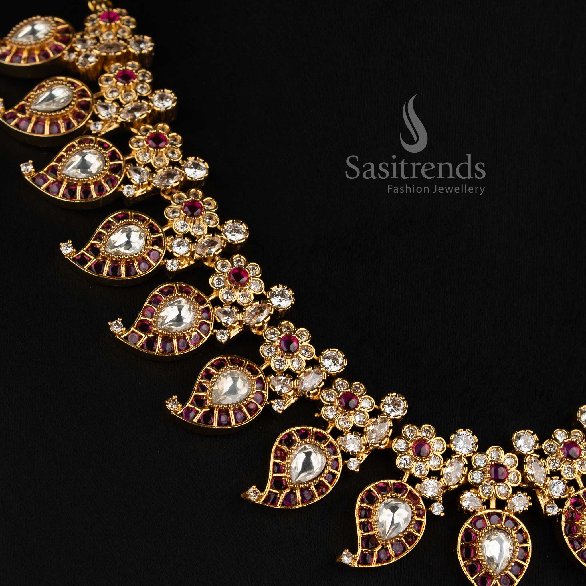 Sasitrends micro gold plated mango paisley necklace set with AD stones and matching earrings