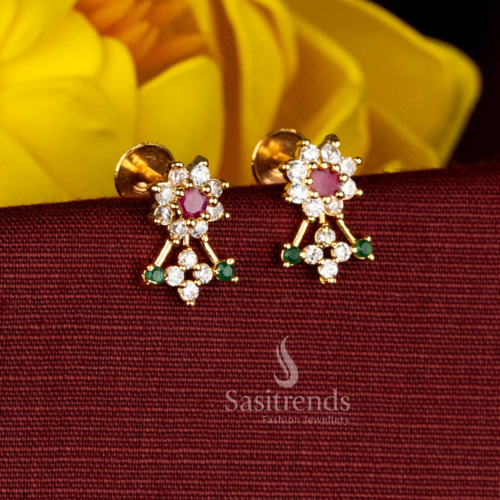 Premium 24K Micro Gold Plated AD Stone Floral Stud Earrings with Round Centre Stone and Cluster Drop Design | Real Gold Look Finish