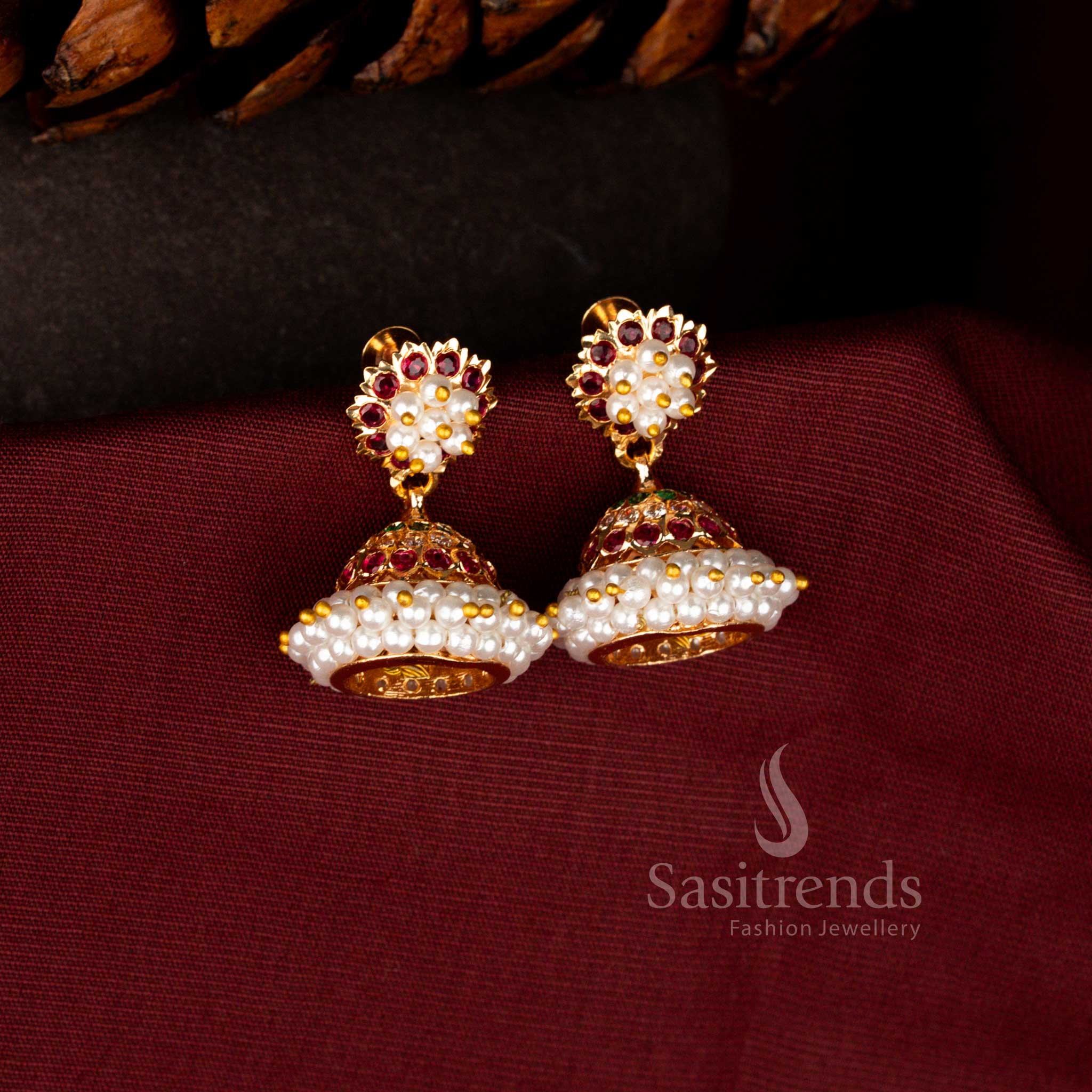 Sasitrends traditional multi AD Stone micro gold plated jhumka earrings featuring dome drop and layered pearl rim