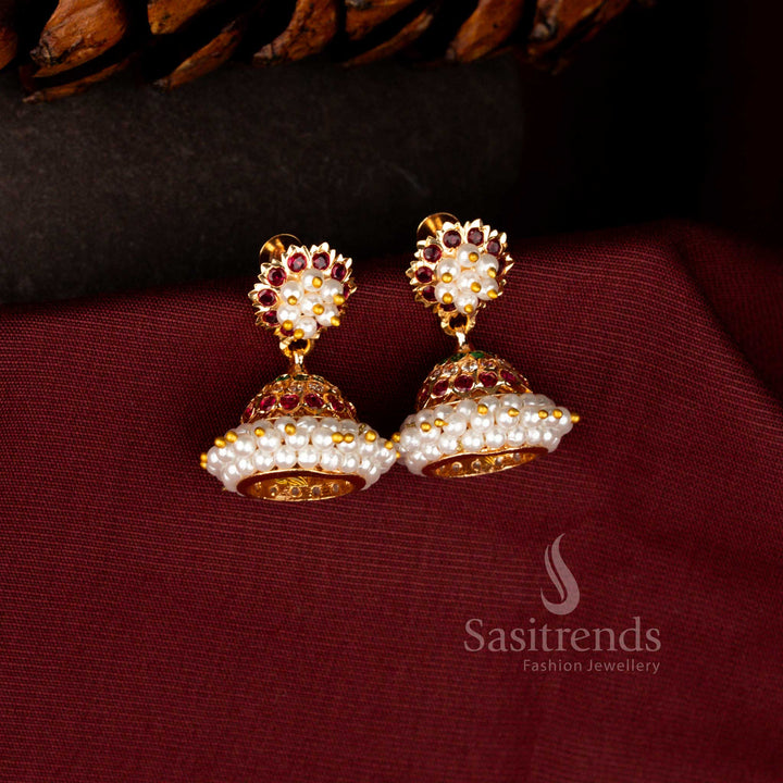 Sasitrends traditional multi AD Stone micro gold plated jhumka earrings featuring dome drop and layered pearl rim