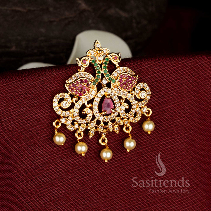 Traditional One Gram Micro Gold Plated American Diamond Peacock Floral Design Jadai Billai with Pearl Drop Detailing