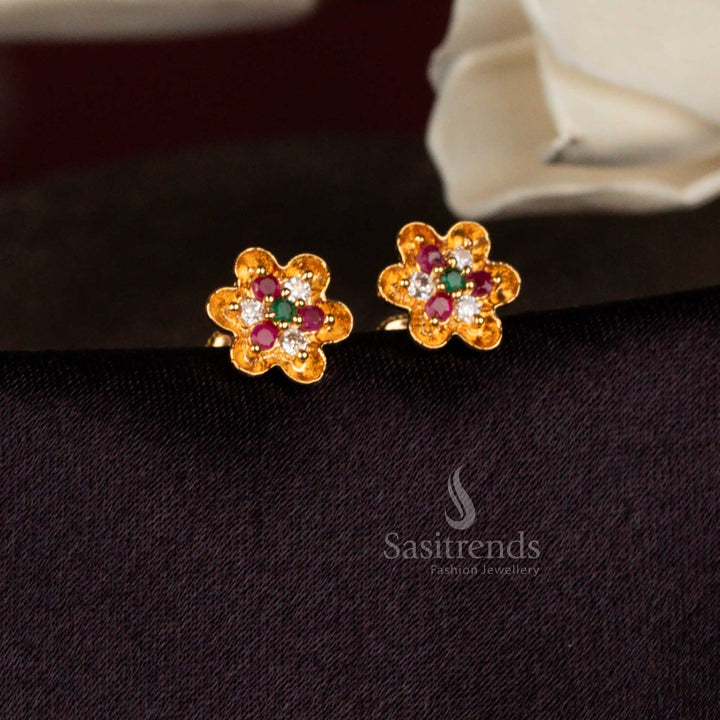 Elegant Micro Gold Plated American Diamond Floral Stud Earrings with Sculpted Petal Design & Rich One Gram Gold Look
