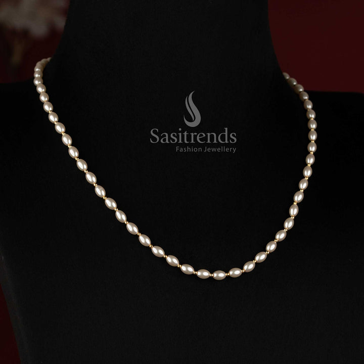 Sasitrends Micro Gold Plated oval pearl single strand necklace with elegant centre design 