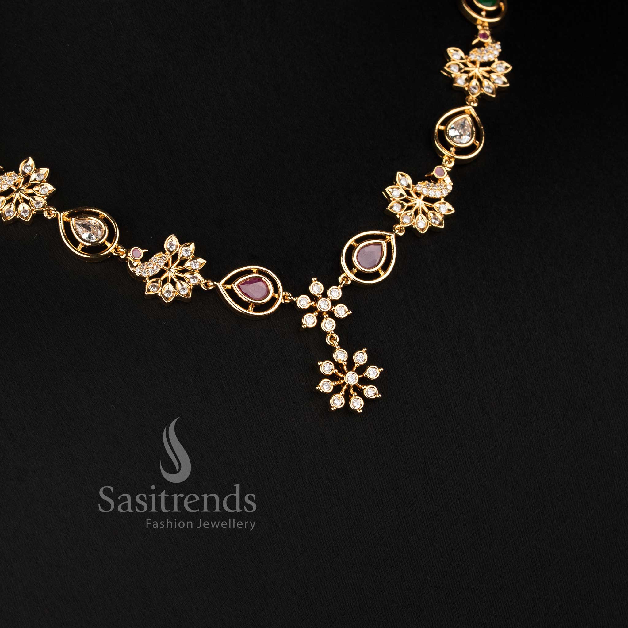 Sasitrends guaranteed real gold look micro gold plated necklace jewellery set with AD stone floral patterns and an intricate centre pendant 