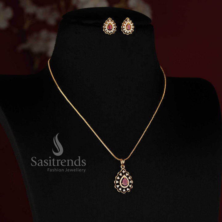 Captivating One Gram Micro Gold Plated American diamond Teardrop Floral Pendant Chain Necklace Set | Occasion Wear