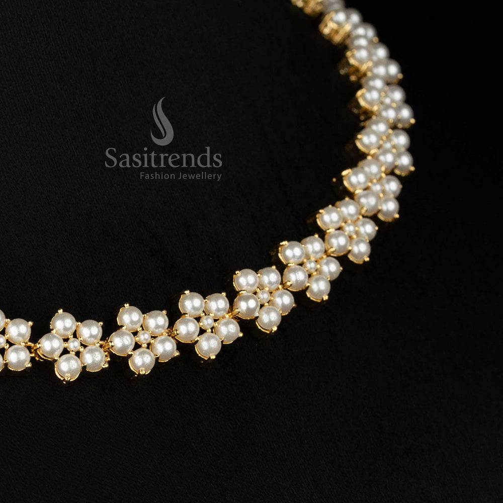 Sasitrends one gram micro gold plated stone free pearl necklace set crafted in floral structure for festive wear