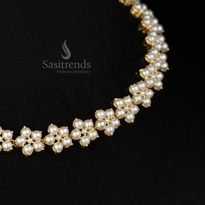 Sasitrends one gram micro gold plated stone free pearl necklace set crafted in floral structure for festive wear