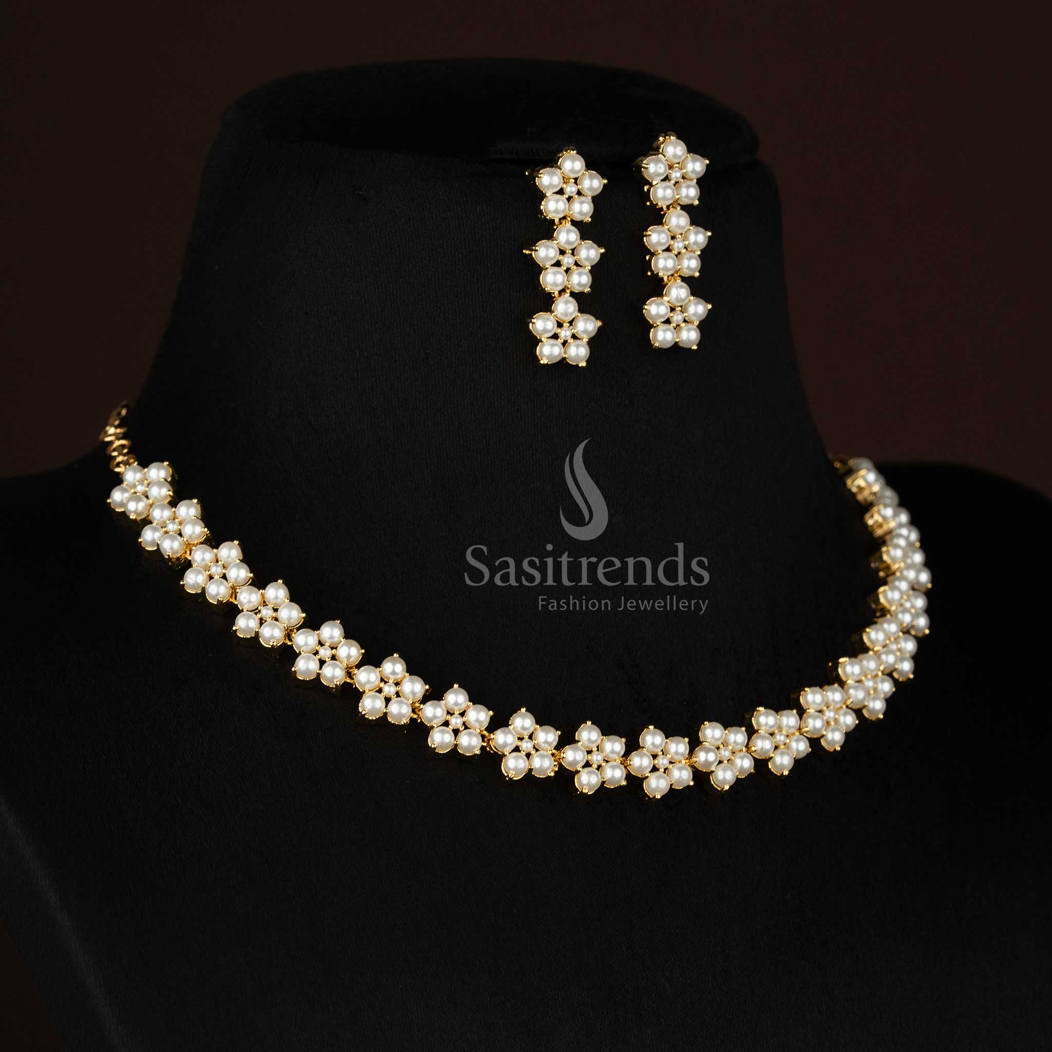 Sasitrends micro gold plated pearl floral necklace set with traditional flower link design