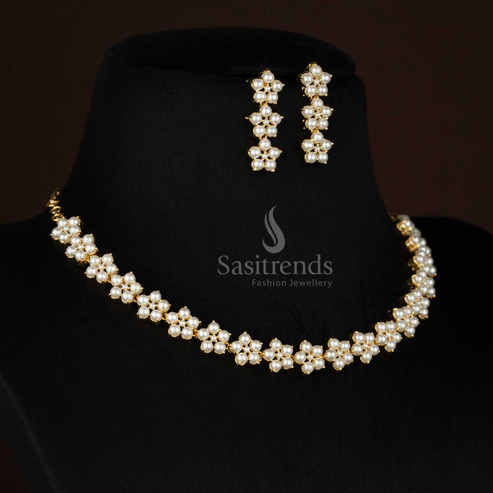 24k Micro Gold Plated Pearl Floral Link Necklace Jewellery Set for Festive Wear