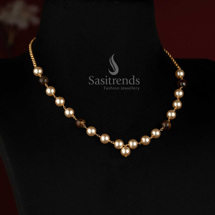 Sasitrends Micro Gold Plated pearl and tiger stone necklace with graduated round pearl design 