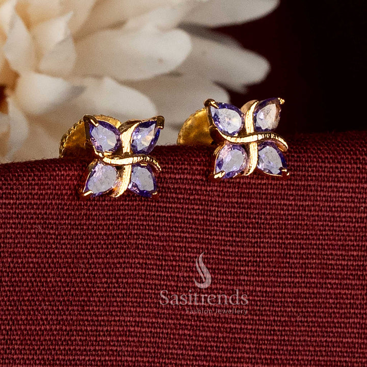 Trendy 24K Micro Gold Plated AD Stone Four Petal Floral Motif Stud Earrings with Structured Teardrop Stone Setting