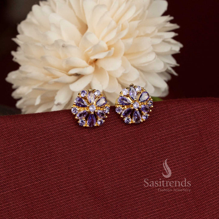 Micro Gold Plated Round Flower Cluster Stud Earrings with American Diamond Stone Detailing