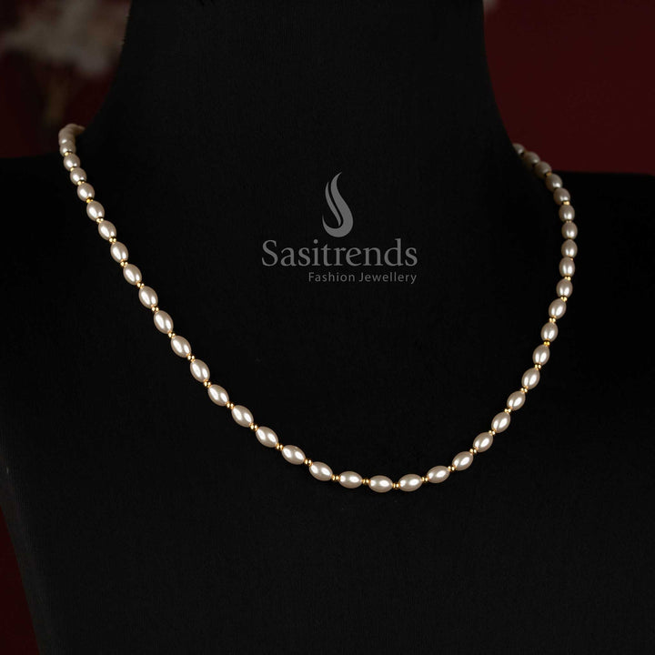 Festive Wear Micro Gold Plated Pearl Necklace with Centre Golden Bead Detailing | Elegant Single Strand Traditional Jewellery