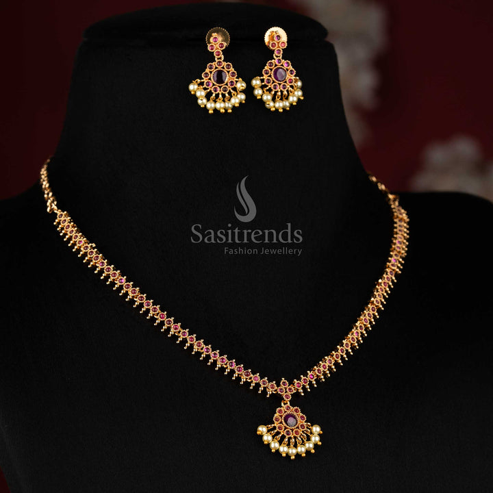 American Diamond Micro Gold Plated Traditional Circular Floral Pearl Necklace Jewellery Set for Temple Visits & Traditional Saree Wear
