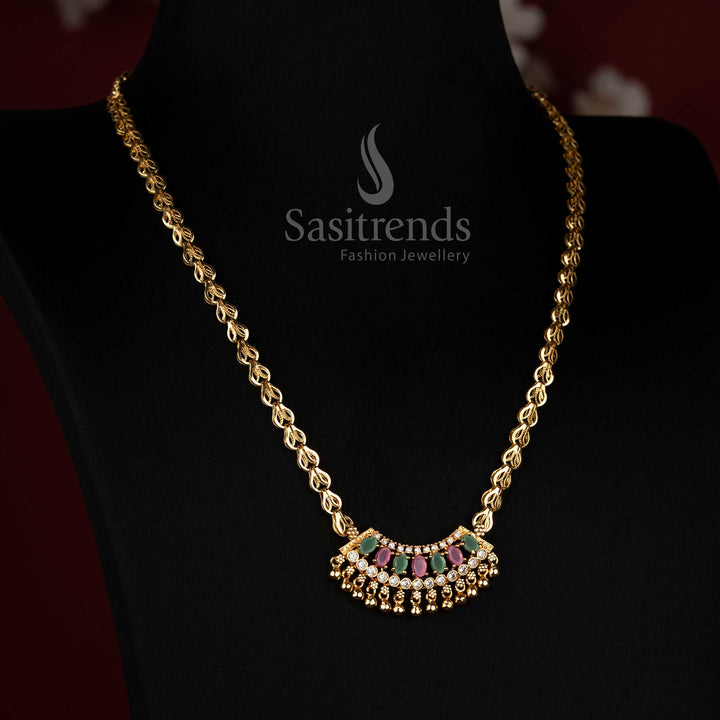 Micro gold plated semi circular multi AD stone necklace with delicate golden bead drops - sasitrends